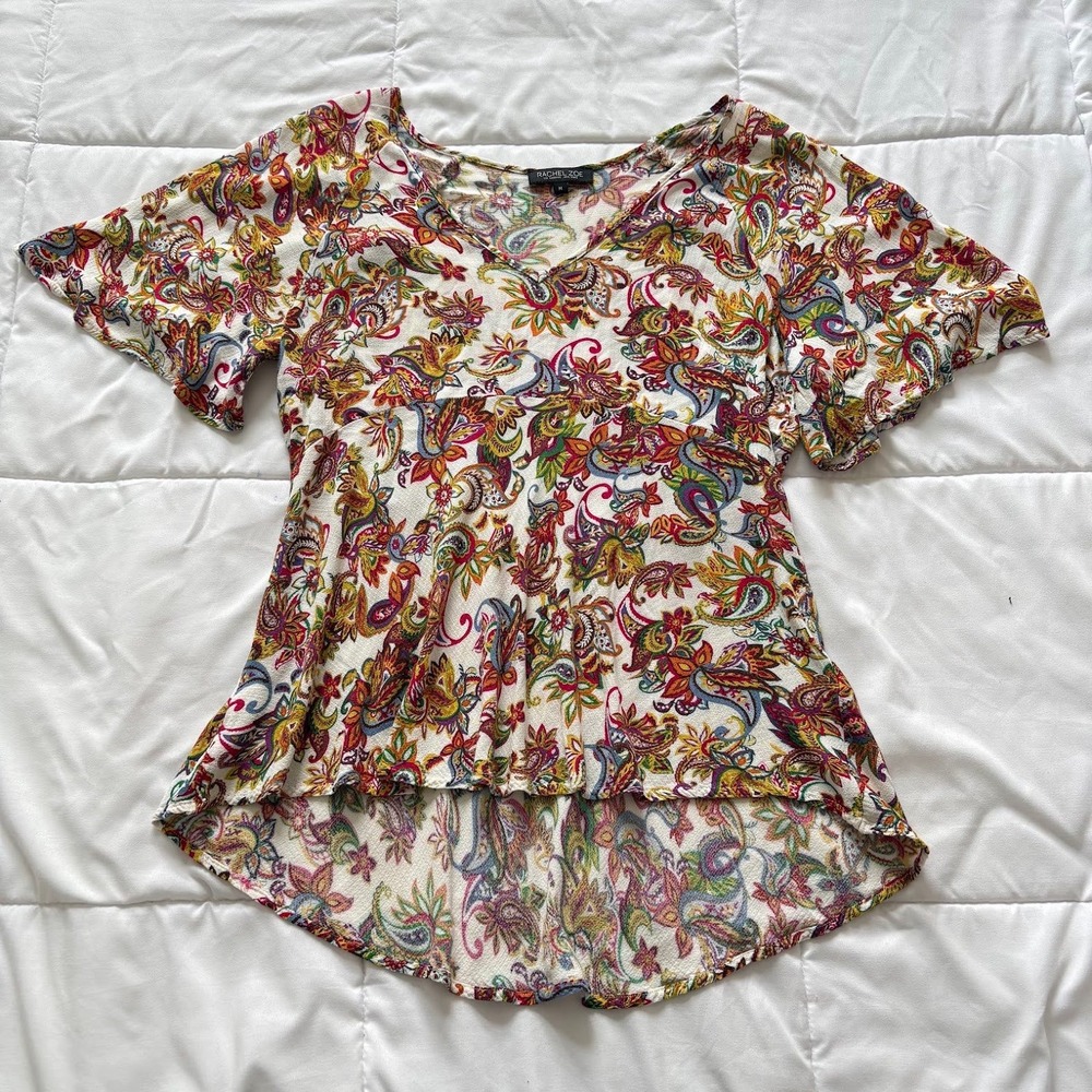 Rachel Zoe Womens Medium Paisley V-Neck High Low Flutter Sleeve Blouse Office